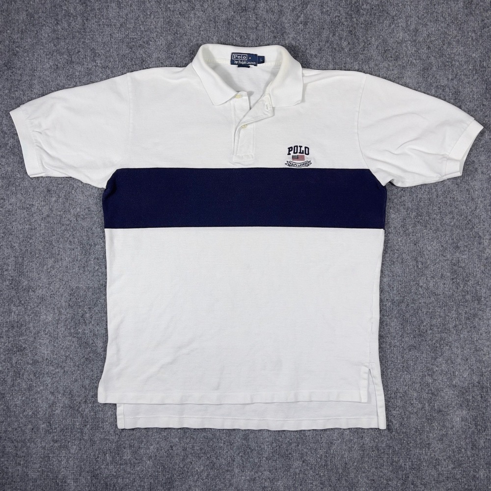 Polo Ralph Lauren Polo Shirt Men L White Navy Stripe Flag Logo Vintage Short Slv